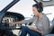 Woman pilots flying helicopter