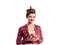 Woman, pin-up hairstyle holding armful of apples. Autumn harve