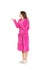 Woman in pink bathrobe showing empty palm.