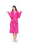 Woman in pink bathrobe showing empty palms.