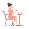 Woman in a pink dress is drinking coffee at a table in a cafe. Vector illustration.