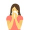 A woman in pink dress sneezing in handkerchief. Sick woman sneeze. Season allergy.