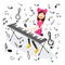 Woman in Pink Playing Electric Piano with Notes