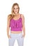 Woman pink ruffle top arms pockets