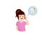 Woman in pink shirt with caries. Bubble with Tooth decay icon.