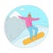 Woman in pink winter sportswear and mask enjoying ride practicing snowboarding