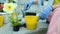 Woman planting petunia surfinia flowers pot, gardening concept at home