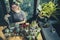 Woman planting succulent at little  home garden