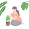 Woman plants flower in pot. Summer gardening vector illustration