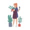 Woman plants indoor plants for home garden flat vector illustration isolated.