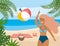 Woman play with beach ball and coconut beverage with towel