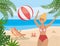 Woman play with beach ball and tanning chair with crab