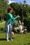 Woman play with fox-terrier
