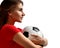 Woman player in red uniform hold soccer ball celebrating looking at the corner closeup composition on white background