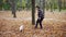 Woman playing a ball with her playful Jack Russell Terrier, park with fall leaves