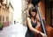 Woman playing double bass on