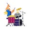 Woman playing drums with sticks, flat vector illustration isolated on white background.