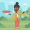 Woman playing flying disc vector illustration.