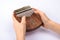 Woman playing for kalimba close up. Kalimba or Mbira is an African musical instrument in hands on white background. Music concept