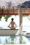 Woman playing yoga in maldives beach resort