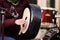 Woman plays on big acoustic drum