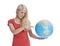 Woman pointing globe