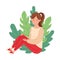 Woman with Ponytail Sitting on the Ground with Floral Leaves Behind Vector Illustration