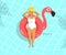 Woman in pool in rubber ring. Flamingo