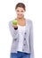 Woman, portrait and apple, nutrition and health with snack or meal, happy with diet for weight loss on white background