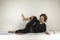 Woman portrait breathing while doing yoga exercises. Balance practice