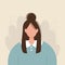Woman portrait. Brunette girl avatar in blue clothes with long straight hair. Female vector illustration.
