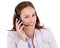 Woman in portrait, callcenter and headset for phone call with communication, telecom and CRM on white background