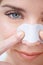 Woman, portrait and closeup of nose strip for skincare, pores and blackhead with smile and cosmetics. Person, face and