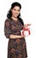 Woman portrait in eastern ethnic ornament dress and gift box on white