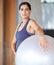 Woman, portrait and exercise with ball for workout, training or health and wellness at home. Face of active female