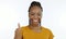 Woman, portrait and face with thumbs up to vote, gen z aesthetic and white background in studio. Black person, smile and