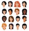 Woman portrait female character face of girl with hairstyle and cartoon person with various skin tone illustration set