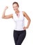 Woman, portrait and flex or happy in studio for fitness, wellness or workout progress and sportswear. Person, face or