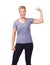 Woman, portrait and flex or happy in studio for fitness, wellness or workout progress and sportswear. Person, face or