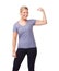 Woman, portrait and flex or smile in studio for fitness, wellness or workout progress and sportswear. Person, face or