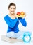 Woman portrait with fruit. Vitamin concept