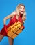 Woman portrait with gifts boxes smiling. Christmas