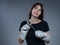 Woman Portrait thinking holding kitchen utensils