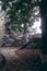 Woman Posing against the backdrop of the fortress, steps, stairs. Mystical atmosphere, fog and mist. Vertical photo. Pass of the