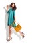 Woman posing in blue mint fashion body dress cloth with brown ha