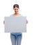 Woman, poster and smile for marketing, advertising or branding against a white studio background. Happy isolated female