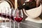 Woman pouring delicious red wine into glass