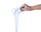 Woman pouring laundry detergent from  container against white background, closeup