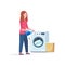 Woman pouring powder gel into washing machine housewife doing housework laundry room cartoon character full length flat