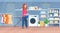 Woman pouring powder gel into washing machine housewife doing housework modern laundry room interior cartoon character